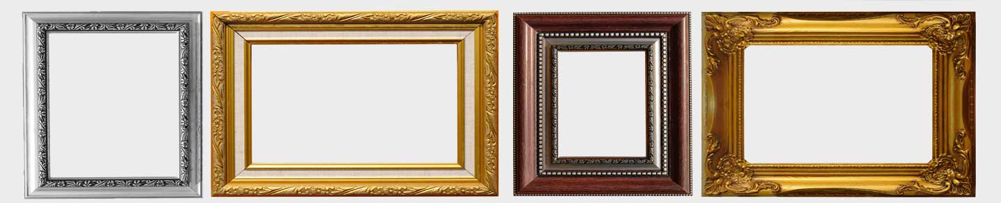 4 empty frames in silver, gold, and brown