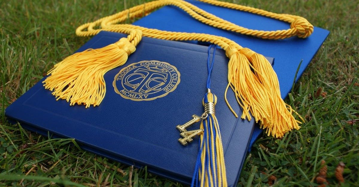 college diploma, graduation cords and tassel