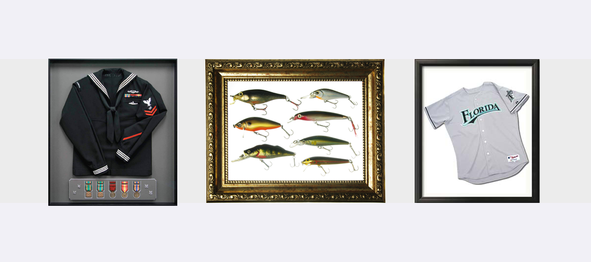 Custom Framed Father's Day Gifts: military uniform and medals, fishing lures and sports jersey