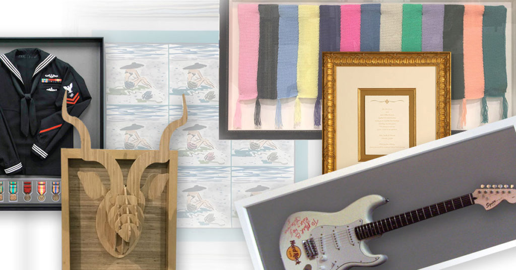 A collage depicting items that Rosenbaum Framing can frame including a military uniform and medals, scarf, sculpture, afghan, wedding invitation and guitar