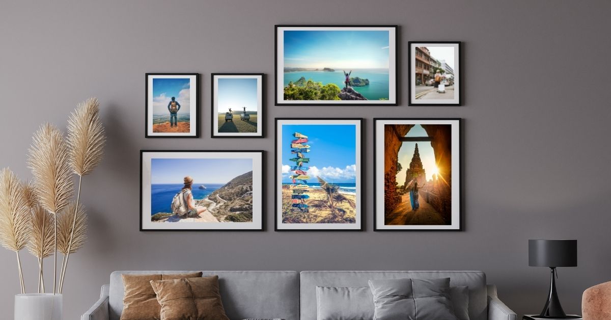 gallery wall of custom framed travel photos